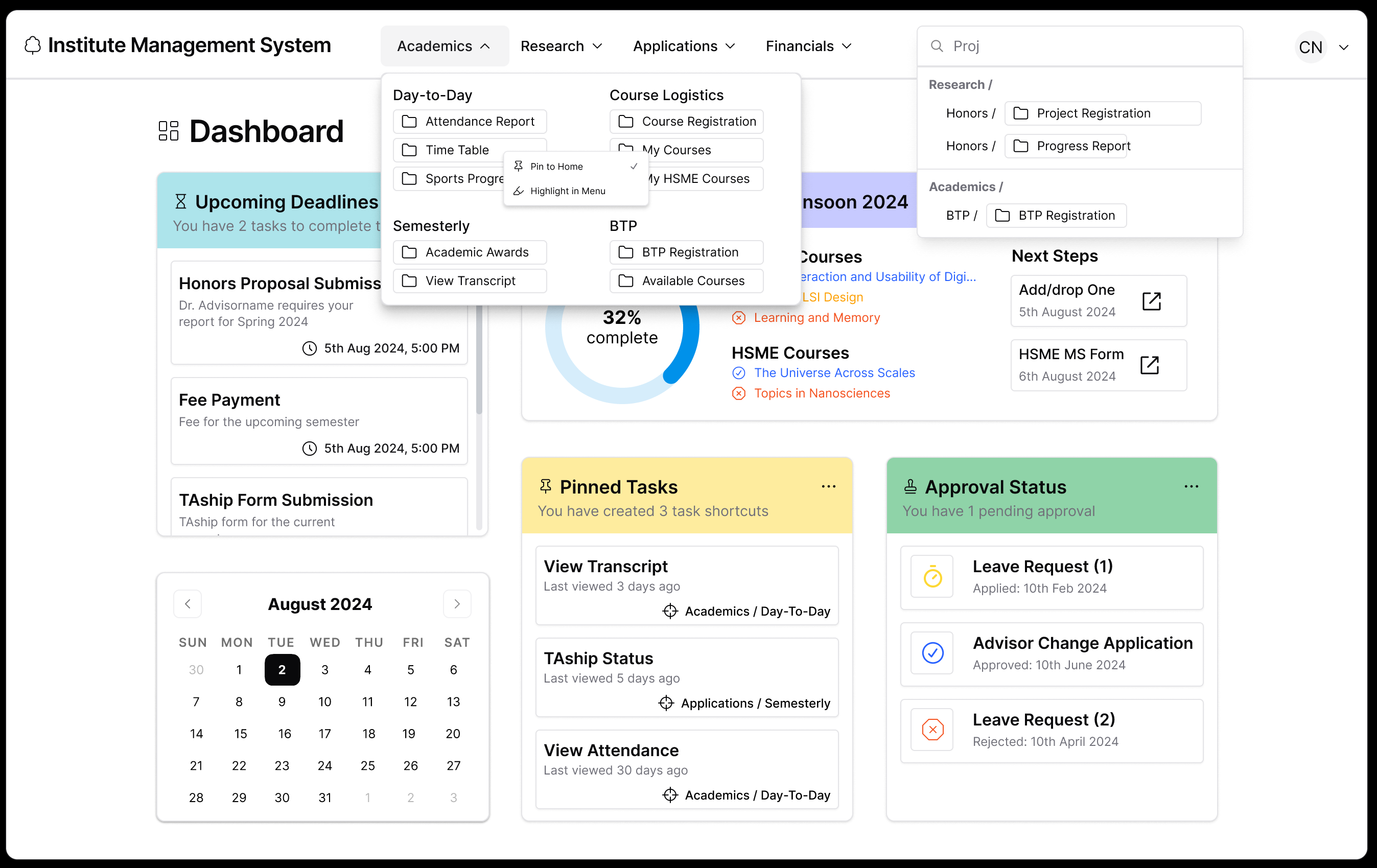 IMS dashboard navigation